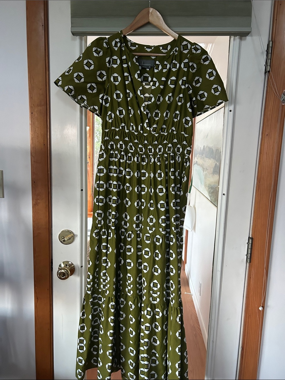Anthropologie Olive Green & White Printed Short Sleeve Maxi Dress